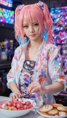 1girl,solo,looking at viewer,smile,bangs,blue eyes,shirt,hair ornament,holding,twintails,jewelry,closed mouth,blue hair,jacket,white shirt,upper body,pink hair,multicolored hair,earrings,food,open clothes,indoors,nail polish,blurry,two-tone hair,lips,open shirt,fruit,depth of field,blurry background,knife,plate,realistic,spoon,nose,fork,print shirt,gradient hair,holding knife