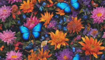 flower, no humans, leaf, bug, butterfly, scenery, pink flower, purple flower, blue butterfly, colorful, orange flower, peony (flower)