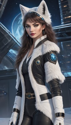 1girl,solo,long hair,breasts,looking at viewer,brown hair,gloves,hat,animal ears,brown eyes,jewelry,jacket,weapon,cowboy shot,earrings,open clothes,belt,pants,white gloves,lips,coat,fur trim,makeup,fake animal ears,black pants,moon,lipstick,animal hood,nose,red lips,space,planet,earth (planet),bangs,holding,medium breasts,standing,sky,holding weapon,gun,bodysuit,night,star (sky),starry sky,science fiction,realistic,emblem,spacecraft