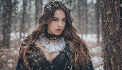 1girl,solo,long hair,breasts,looking at viewer,blue eyes,brown hair,dress,cleavage,jewelry,medium breasts,upper body,outdoors,parted lips,choker,artist name,necklace,blurry,black dress,tree,lips,blurry background,wavy hair,tiara,crown,nature,snow,forehead,forest,snowing,realistic,fantasy,winter,large breasts,hair ornament,cape,grey eyes,depth of field,bare tree