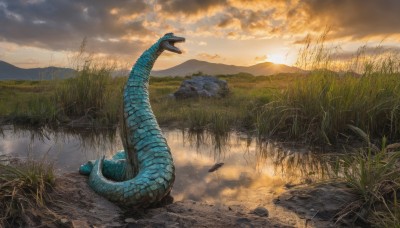 open mouth,tail,outdoors,sky,day,cloud,water,tree,no humans,cloudy sky,grass,nature,scenery,reflection,sunset,rock,mountain,snake,dragon,scales,river,landscape,sun