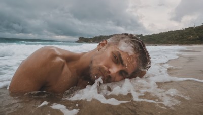 solo,short hair,black hair,1boy,closed mouth,closed eyes,male focus,nude,outdoors,lying,sky,day,cloud,dark skin,water,wet,facial hair,ocean,beach,dark-skinned male,cloudy sky,beard,partially submerged,topless male,realistic,sand,wet hair,undercut,waves,grey sky,looking at viewer,brown hair,upper body,muscular,on side,pectorals,muscular male,bara,mature male