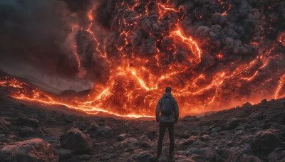 solo, 1boy, standing, male focus, sky, pants, bag, from behind, backpack, fire, scenery, rock, destruction, molten rock