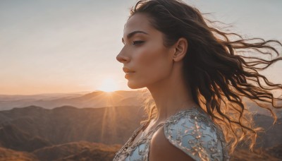 1girl,solo,long hair,brown hair,black hair,dress,closed mouth,upper body,outdoors,sky,dark skin,from side,dark-skinned female,lips,eyelashes,profile,floating hair,wavy hair,half-closed eyes,sunlight,wind,backlighting,curly hair,sunset,mountain,realistic,nose,sun,mountainous horizon,sunrise,jewelry,necklace,portrait,scenery