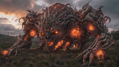 weapon,outdoors,horns,sky,cloud,tree,no humans,glowing,cloudy sky,grass,fire,robot,scenery,mecha,glowing eyes,claws,science fiction,monster,fantasy,ruins,molten rock