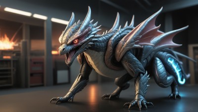 HQ,solo,open mouth,red eyes,standing,tail,full body,wings,horns,teeth,indoors,blurry,orange eyes,pokemon (creature),no humans,blurry background,glowing,fangs,fire,sharp teeth,glowing eyes,claws,spikes,colored sclera,monster,dragon,black sclera,scales,kaijuu