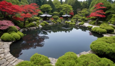 outdoors,sky,day,water,tree,no humans,grass,building,nature,scenery,forest,rock,architecture,bridge,east asian architecture,river,landscape,pond,stone lantern,traditional media,cherry blossoms,reflection,bush,lake