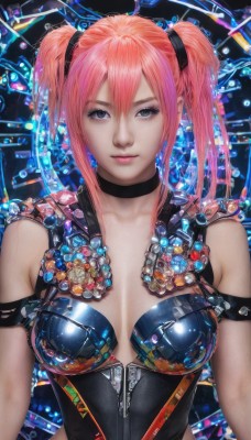 1girl,solo,breasts,looking at viewer,bangs,hair between eyes,bare shoulders,twintails,medium breasts,closed mouth,upper body,pink hair,choker,lips,grey eyes,makeup,black choker,zipper,science fiction,realistic,nose,cleavage,shiny,leotard,shiny skin,bodysuit,short twintails,shiny clothes