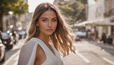 1girl,solo,long hair,looking at viewer,brown hair,dress,brown eyes,closed mouth,upper body,outdoors,day,dark skin,white dress,blurry,dark-skinned female,lips,depth of field,blurry background,wavy hair,ground vehicle,building,motor vehicle,realistic,nose,car,road,street,tree,sunlight,wind