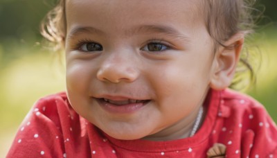 1girl,solo,looking at viewer,smile,short hair,open mouth,blonde hair,brown eyes,blurry,lips,blurry background,fangs,polka dot,child,portrait,close-up,forehead,realistic,female child,teeth,eyelashes