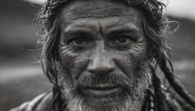 solo,long hair,looking at viewer,hair ornament,1boy,jewelry,closed mouth,monochrome,braid,greyscale,male focus,blurry,depth of field,blurry background,headband,facial hair,portrait,beard,close-up,realistic,mustache,multiple braids,smile,scar,scar on face,scar across eye,manly,old,old man,wrinkled skin