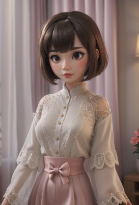 1girl,solo,breasts,looking at viewer,blush,smile,short hair,bangs,skirt,brown hair,shirt,long sleeves,bow,brown eyes,closed mouth,standing,white shirt,upper body,flower,artist name,indoors,blurry,lips,buttons,depth of field,blurry background,bob cut,curtains,pink bow,blouse,lace trim,lace,pink skirt,nose,arms at sides,red lips,medium breasts,see-through,eyelashes,makeup,thick eyebrows,lipstick,realistic,mascara