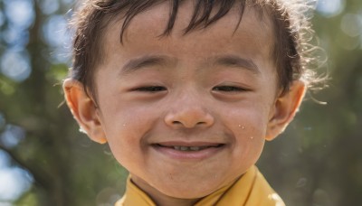 solo,looking at viewer,smile,short hair,open mouth,brown hair,black hair,1boy,hat,flower,male focus,outdoors,parted lips,teeth,day,mole,blurry,black eyes,depth of field,blurry background,half-closed eyes,child,portrait,close-up,yellow shirt,realistic,straw hat,male child,bokeh,mole on cheek,piercing,sunlight