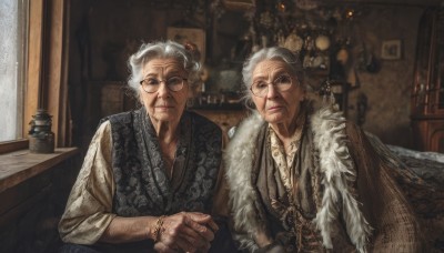 1girl,looking at viewer,short hair,blue eyes,shirt,long sleeves,1boy,jewelry,sitting,closed mouth,upper body,white hair,grey hair,male focus,multiple boys,glasses,collared shirt,indoors,2boys,necklace,vest,bracelet,fur trim,facial hair,scar,table,ring,beard,realistic,round eyewear,lamp,old,old man,painting (object),old woman,wrinkled skin,portrait (object),hair ornament,artist name,hair bun,blurry,lips,grey eyes,single hair bun,beads,eyewear strap