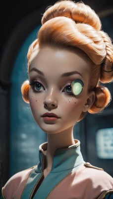 1girl,solo,looking at viewer,short hair,blue eyes,blonde hair,green eyes,upper body,braid,parted lips,artist name,hair bun,orange hair,blurry,lips,eyelashes,makeup,blurry background,single hair bun,portrait,zipper,freckles,curly hair,realistic,nose,hair pulled back,braided bun,updo,blush,closed mouth,red lips