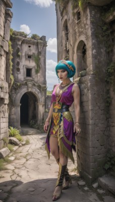 1girl,solo,breasts,looking at viewer,short hair,bangs,hair ornament,dress,cleavage,bare shoulders,jewelry,medium breasts,blue hair,standing,purple eyes,full body,hairband,small breasts,outdoors,parted lips,sky,sleeveless,day,cloud,necklace,nail polish,bracelet,lips,fingernails,sash,aqua hair,makeup,sandals,scenery,pendant,walking,toenails,fantasy,bangle,ruins,pillar,arch,overgrown,brown eyes,grass