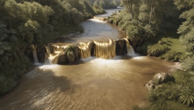 outdoors,day,water,tree,no humans,grass,nature,scenery,forest,rock,realistic,aircraft,watercraft,bridge,river,waterfall,boat,landscape,plant,skull,bush