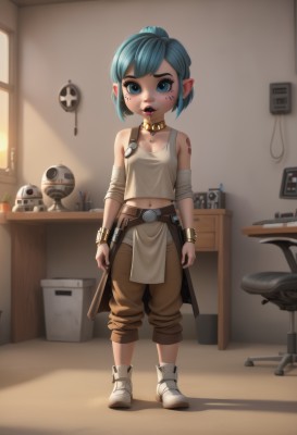 1girl,solo,breasts,looking at viewer,short hair,blue eyes,navel,bare shoulders,jewelry,blue hair,standing,full body,ponytail,weapon,small breasts,boots,shoes,pointy ears,midriff,belt,pants,indoors,collar,bracelet,lips,window,tattoo,makeup,chair,facial mark,bandages,tank top,lipstick,desk,brown pants,holding,parted lips,teeth,artist name,necklace,white footwear,aged down,robot,child,bandaid,freckles,bandaged arm,bandaid on face,facepaint