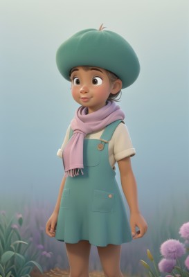 1girl,solo,smile,short hair,brown hair,shirt,hat,dress,brown eyes,closed mouth,standing,white shirt,flower,short sleeves,outdoors,dark skin,scarf,dark-skinned female,lips,child,green headwear,arms at sides,female child,overalls,pink scarf,freckles