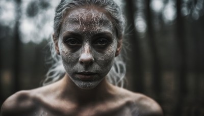 1girl,solo,long hair,looking at viewer,bare shoulders,closed mouth,collarbone,white hair,grey hair,nude,blurry,lips,grey eyes,mask,depth of field,blurry background,portrait,realistic,brown eyes,upper body,black eyes