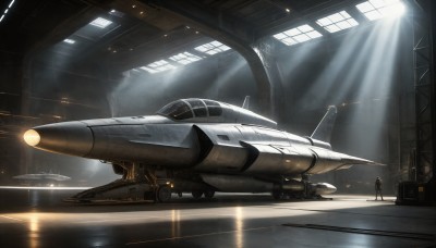 HQ,1boy,indoors,signature,military,sunlight,scenery,smoke,science fiction,light rays,realistic,aircraft,military vehicle,airplane,light,sunbeam,vehicle focus,spacecraft,lights,jet,fighter jet,solo,standing,weapon,window,helmet,reflection,pilot suit,pilot