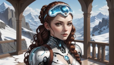 1girl,solo,long hair,breasts,looking at viewer,brown hair,brown eyes,jewelry,upper body,braid,earrings,outdoors,sky,day,cloud,armor,blue sky,lips,bodysuit,makeup,lipstick,goggles,snow,freckles,science fiction,curly hair,goggles on head,mountain,nose,red lips,stud earrings,cyborg,hair pulled back,mountainous horizon,headgear,cloudy sky,portrait,realistic,pillar