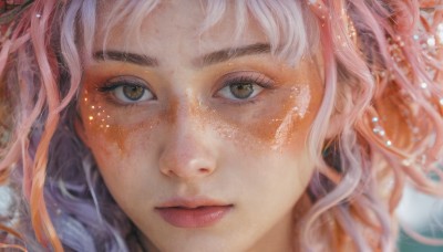 1girl,solo,long hair,looking at viewer,hair ornament,brown eyes,jewelry,closed mouth,pink hair,multicolored hair,blurry,lips,eyelashes,makeup,portrait,close-up,freckles,realistic,nose,red lips,eye focus,smile,bangs,earrings,orange hair,depth of field,light smile