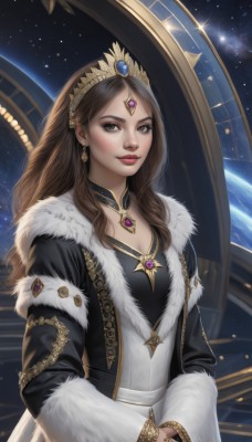 1girl,solo,long hair,breasts,looking at viewer,smile,brown hair,long sleeves,dress,cleavage,brown eyes,jewelry,upper body,earrings,choker,lips,coat,fur trim,makeup,own hands together,tiara,crown,lipstick,gem,star (sky),starry sky,gold trim,circlet,nose,red lips,space,planet,earth (planet),medium breasts,artist name,necklace,bracelet,ring,realistic