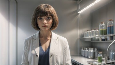 1girl,solo,breasts,looking at viewer,short hair,bangs,brown hair,shirt,cleavage,brown eyes,medium breasts,closed mouth,collarbone,upper body,open clothes,indoors,lips,sunlight,bob cut,bottle,blue shirt,pocket,realistic,nose,labcoat,white coat,shelf,jar,smile,kitchen