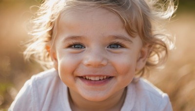 1girl,solo,looking at viewer,smile,short hair,open mouth,blue eyes,blonde hair,shirt,white shirt,teeth,blurry,lips,floating hair,depth of field,blurry background,wind,child,portrait,realistic,female child,old,old woman,grin,eyelashes,messy hair,close-up,nose