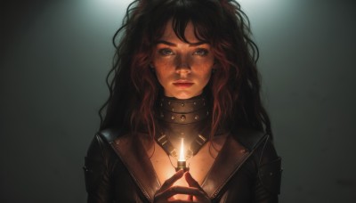 1girl,solo,long hair,looking at viewer,blue eyes,brown hair,black hair,gloves,jewelry,jacket,upper body,red hair,multicolored hair,necklace,collar,lips,grey eyes,wavy hair,messy hair,freckles,realistic,leather,leather jacket,holding,green eyes,weapon,earrings,armor,portrait