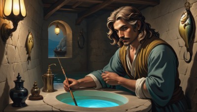 solo,long hair,brown hair,1boy,holding,brown eyes,closed mouth,male focus,indoors,water,facial hair,table,beard,fish,robe,lantern,mustache,lamp,paintbrush,blonde hair,jewelry,upper body,earrings,signature,lips,realistic,candle