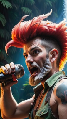 solo,open mouth,1boy,holding,brown eyes,jewelry,upper body,grey hair,male focus,red hair,teeth,sleeveless,necklace,blurry,vest,tree,tattoo,blurry background,facial hair,feathers,microphone,beard,realistic,nose,mustache,music,arm tattoo,holding microphone,singing,mohawk,mole,scar,manly