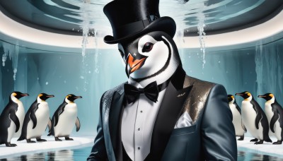 solo,shirt,1boy,hat,bow,jacket,white shirt,upper body,male focus,collared shirt,bowtie,water,black eyes,vest,black jacket,no humans,black headwear,black bow,bird,animal,formal,suit,reflection,bubble,black bowtie,top hat,animal focus,penguin,traditional bowtie,tuxedo,clothed animal,flock,looking at viewer,standing,artist name,6+others