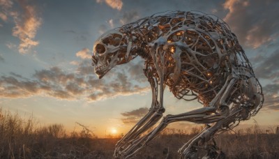 outdoors,sky,cloud,tree,no humans,cloudy sky,grass,robot,nature,scenery,science fiction,sunset,sun,skeleton,bone,signature,sunlight,power lines,evening