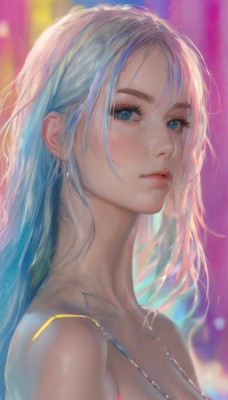 1girl,solo,long hair,breasts,looking at viewer,bangs,blue eyes,cleavage,bare shoulders,jewelry,medium breasts,closed mouth,blue hair,collarbone,upper body,white hair,multicolored hair,earrings,necklace,mole,blurry,from side,lips,eyelashes,blurry background,portrait,freckles,realistic,nose,artist name,depth of field,spaghetti strap