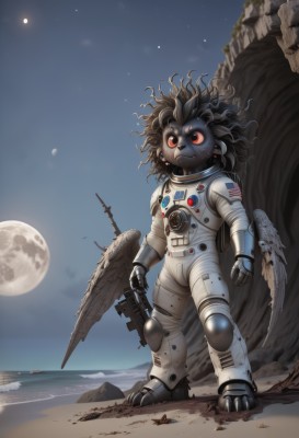 solo,black hair,red eyes,1boy,standing,weapon,wings,sky,signature,gun,night,ocean,beach,moon,robot,star (sky),full moon,science fiction,sand,space,planet,damaged,alien,earth (planet),american flag,spacecraft,spacesuit,desert,astronaut,full body,no humans,feathered wings,furry,starry sky,flag,shell,starfish,japanese flag