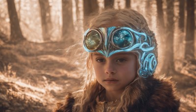 1girl,solo,long hair,looking at viewer,blue eyes,blonde hair,jewelry,closed mouth,outdoors,necklace,mole,blurry,tree,lips,grey eyes,fur trim,eyelashes,blurry background,goggles,portrait,nature,forest,goggles on head,realistic,brown eyes,expressionless,helmet,freckles,goggles on headwear