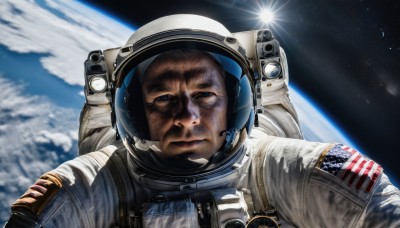 solo,looking at viewer,blue eyes,1boy,closed mouth,upper body,male focus,star (symbol),helmet,star (sky),reflection,science fiction,realistic,sun,space,old,planet,earth (planet),american flag,spacesuit,japanese flag,united states,astronaut,weapon,sky,flag print,space helmet,american flag print