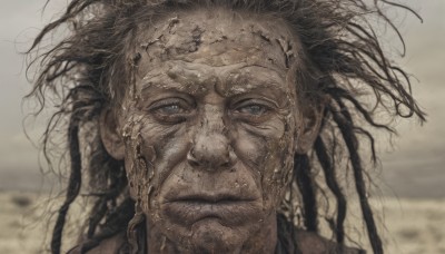 solo,looking at viewer,blue eyes,brown hair,black hair,1boy,closed mouth,male focus,outdoors,dark skin,blurry,blurry background,messy hair,portrait,realistic,dreadlocks,long hair,grey eyes,facial hair,beard,close-up,stubble,wrinkled skin