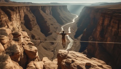 solo,black hair,1boy,holding,standing,weapon,male focus,outdoors,sky,day,sword,from behind,cape,scenery,rock,mountain,fantasy,landscape,desert,cliff,sunlight,science fiction,realistic,sand