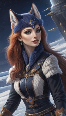 1girl,solo,long hair,breasts,looking at viewer,blue eyes,brown hair,hat,animal ears,jewelry,closed mouth,upper body,weapon,red hair,earrings,outdoors,sky,belt,artist name,cat ears,lips,grey eyes,fur trim,makeup,night,gem,star (sky),night sky,snow,starry sky,snowing,winter clothes,red lips,winter,ears through headwear,medium breasts,coat,lipstick,blue headwear,realistic,nose