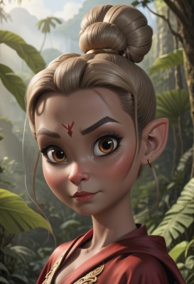 1girl,solo,looking at viewer,smile,blonde hair,brown hair,brown eyes,jewelry,closed mouth,upper body,earrings,outdoors,day,pointy ears,artist name,hair bun,blurry,tree,lips,eyelashes,blurry background,leaf,facial mark,single hair bun,plant,elf,portrait,nature,forehead,freckles,forehead mark,nose,red lips,hair pulled back,breasts,blush,cleavage,close-up