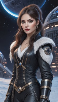 1girl,solo,long hair,breasts,looking at viewer,brown hair,gloves,cleavage,brown eyes,jewelry,medium breasts,standing,ponytail,cowboy shot,earrings,black gloves,belt,pants,mole,blurry,lips,fur trim,bodysuit,makeup,blurry background,black pants,moon,lipstick,star (sky),hoop earrings,realistic,nose,red lips,space,leather,planet,earth (planet),closed mouth,artist name,forehead