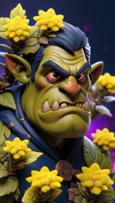 solo,short hair,black hair,red eyes,1boy,blue hair,upper body,flower,male focus,teeth,pointy ears,blurry,black eyes,colored skin,leaf,fangs,thick eyebrows,sharp teeth,portrait,colored sclera,yellow flower,green skin,monster boy,mohawk,orc,tusks,yellow skin,goblin,grey hair,parody,wrinkled skin