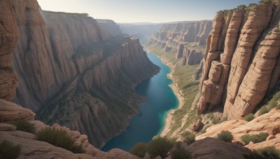 outdoors,sky,day,water,tree,no humans,ocean,sunlight,grass,nature,scenery,forest,rock,mountain,horizon,river,landscape,lake,cliff,blue sky,fantasy