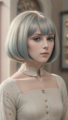 1girl,solo,breasts,looking at viewer,short hair,bangs,blue eyes,shirt,dress,closed mouth,collarbone,upper body,white hair,grey hair,small breasts,artist name,indoors,blunt bangs,white dress,blurry,lips,grey eyes,eyelashes,detached collar,buttons,depth of field,blurry background,bob cut,realistic,nose,blue hair,parted lips,signature