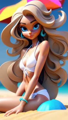 1girl,solo,long hair,breasts,looking at viewer,smile,blue eyes,blonde hair,brown hair,navel,cleavage,bare shoulders,jewelry,medium breasts,sitting,very long hair,closed mouth,collarbone,swimsuit,bikini,earrings,small breasts,outdoors,sky,day,blurry,bracelet,blue sky,lips,eyelashes,makeup,side-tie bikini bottom,umbrella,wavy hair,white bikini,beach,thick eyebrows,tan,front-tie top,eyeshadow,hoop earrings,front-tie bikini top,sand,bangle,beach umbrella,curly hair