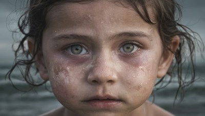 1girl,solo,looking at viewer,short hair,brown hair,black hair,brown eyes,closed mouth,blurry,lips,wet,blurry background,messy hair,portrait,close-up,freckles,realistic,nose,wet hair,green eyes,sweat,eyelashes,expressionless,wind,dirty,dirty face