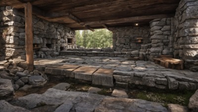 outdoors,day,tree,no humans,table,sunlight,grass,plant,nature,scenery,forest,rock,stairs,wall,architecture,ruins,path,moss,stone,stone wall,wood,indoors,window,door,stone floor